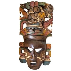 Handcrafted Wooden Mask Wall Hanging Art Ixchel Mayan Mexican Aztec Sculpture